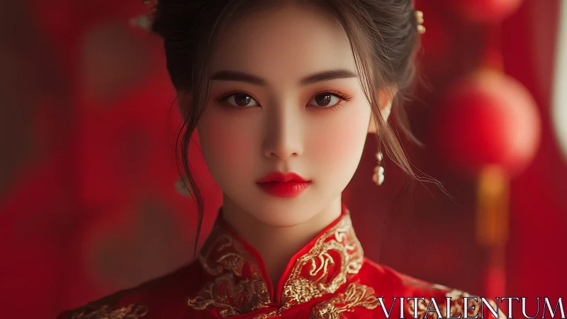 Graceful red elegance in a luminous festive portrait.