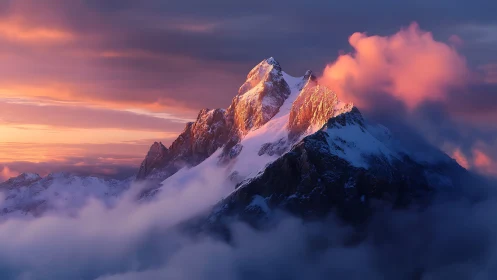Sunlit alpine ridge with volumetric clouds and snow geometry.