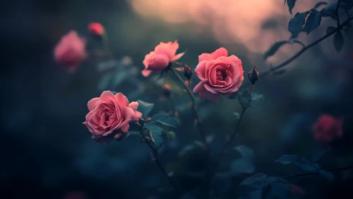 Pink garden roses bathed in warm sunset glow with selective focus.