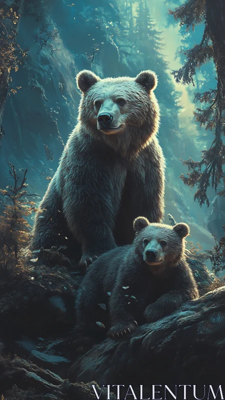 Digital forest bears under cool teal rim light in canyon scene.