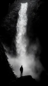 Silhouette Wanderer Studying A Thunderous Midnight Waterfall.