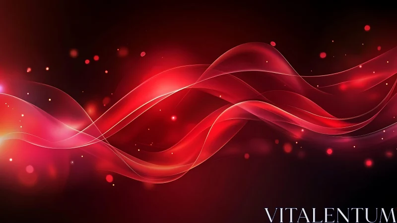 Abstract red light waves with glowing particles, digital art style.