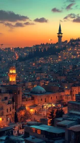 Twilight Middle Eastern cityscape with illuminated minarets and stone architecture