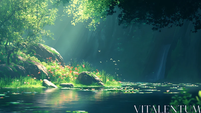 Sunlit forest pond glows with lilies and distant waterfall.
