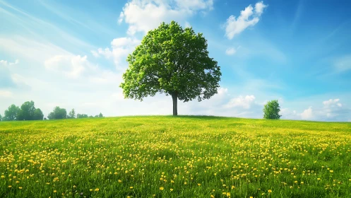 Solitary deciduous tree stands on a dandelion-covered hill