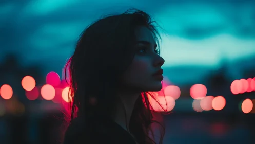 Silhouetted woman in neon dusk with cinematic bokeh glow.