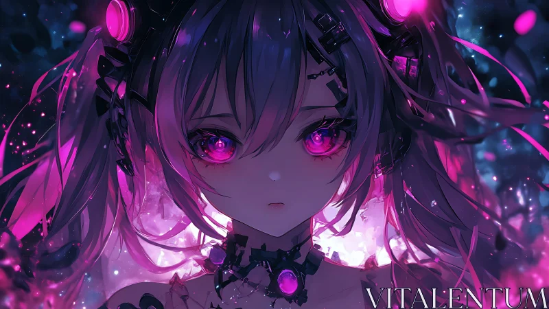 Cybernetic girl glows with neon magenta luminescent gaze.
