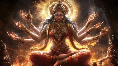 Radiant multi-armed goddess in fiery celestial trance.