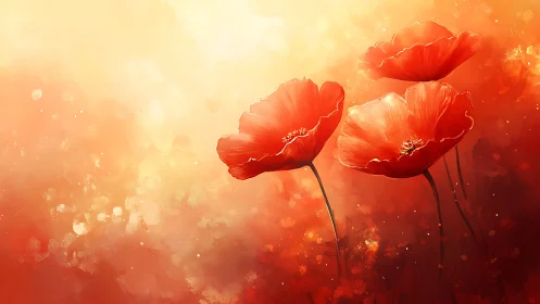 Sunburst poppies drift through glowing abstract twilight.