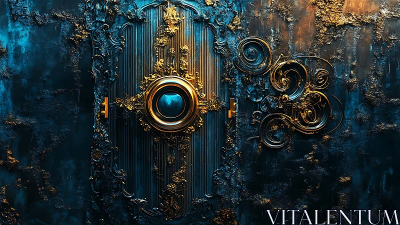 Golden ornate door glows softly against deep blue textured wall