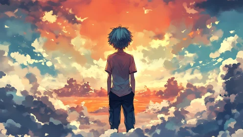 Soft sunset sky welcomes a thoughtful boy into glowing clouds