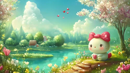 Sweet bow‑kitten daydream by a blooming riverside path.