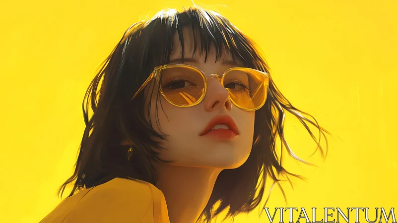 High chroma portrait of woman in amber sunglasses on yellow