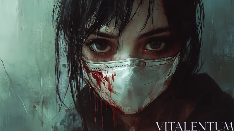 Digital painting of masked survivor with bloodstained detail.