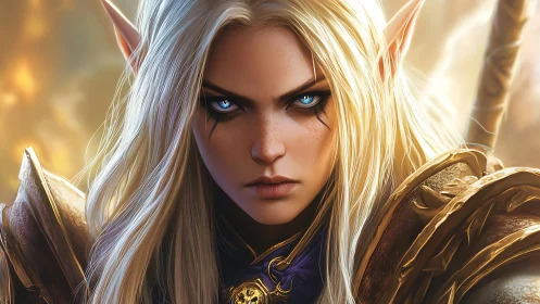 Fierce elven warrior gazes forward with bright determined eyes