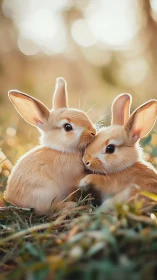 Tender bunny friends cuddling in soft golden meadow light.