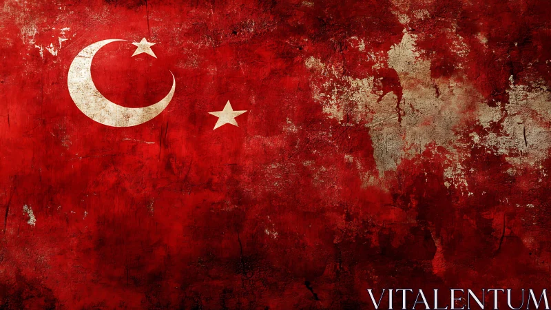 Weathered crescent and star on fierce crimson wall.