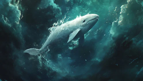 Digital painting of a luminous whale in turbulent teal seas.