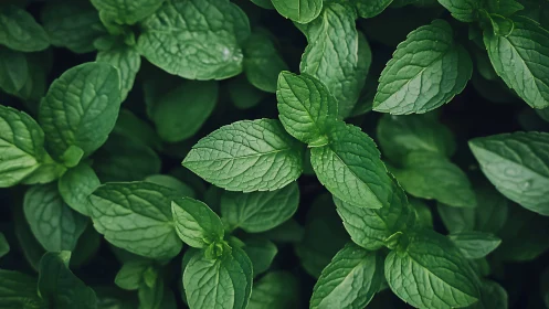 Overhead view records clustered green mint leaves in focus