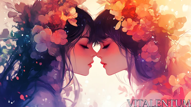 Two profiles facing with floral elements and warm color gradients