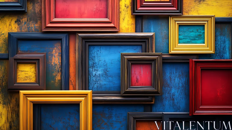 Multicolored empty frames on textured painted wall surface.