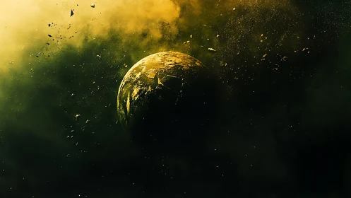 Glowing fractured planet drifting in a storm of stardust.