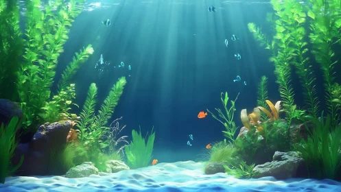 Subsurface aquatic biome with volumetric caustics and flora.