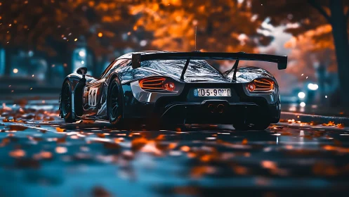 Autumn-lit race car prowls through glowing city drizzle.