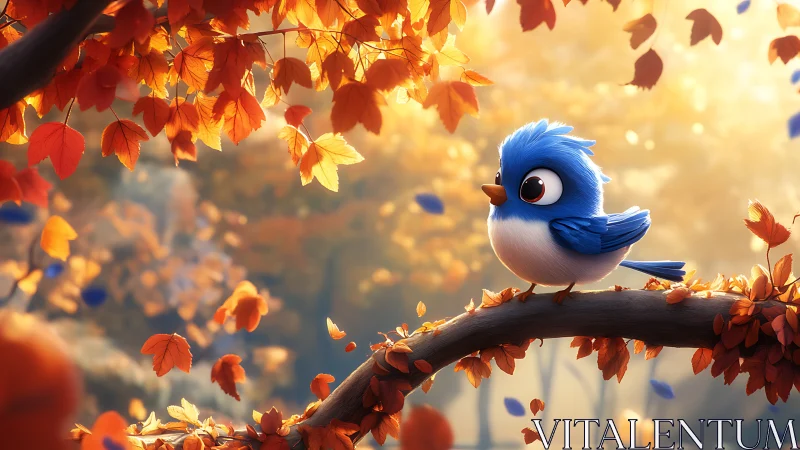 3D Rendered Blue Jay Perched on Autumn Branch with Falling Leaves