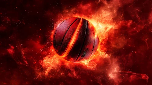 Digital painting of flaming basketball in dynamic radial blast.