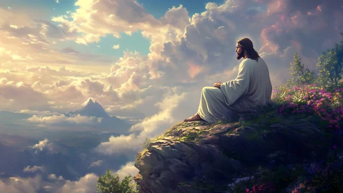 Solitary robed figure contemplates sunlit mountains and clouds.