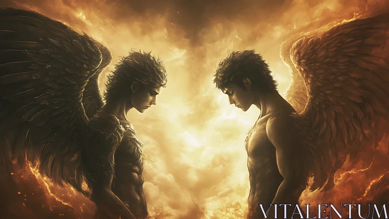 Twin seraphim ignite a storm of light, shadow, and fire.