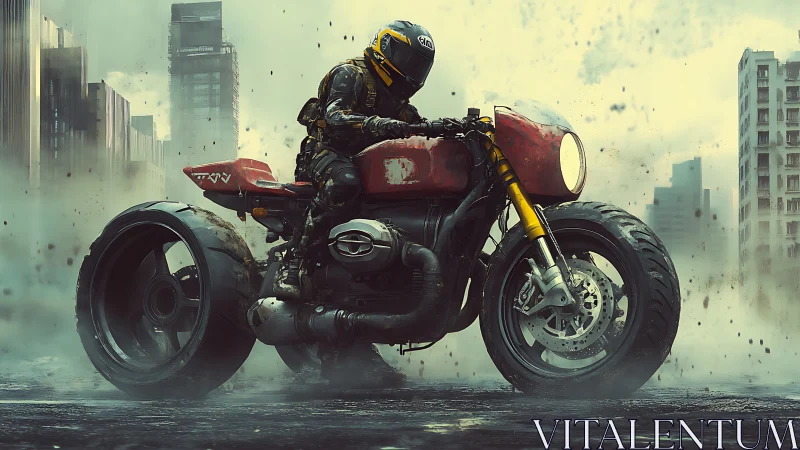 Cyberpunk rider controls neo-retro motorcycle in ruined cityscape