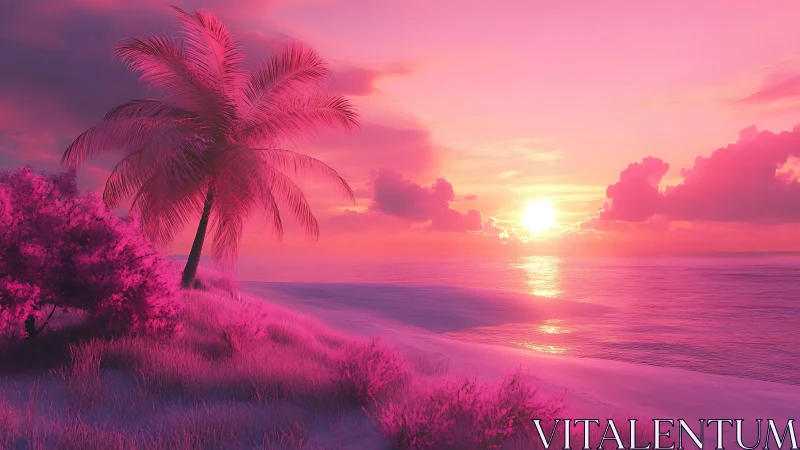 High-saturation pink tropical shoreline under stylized digital sunset