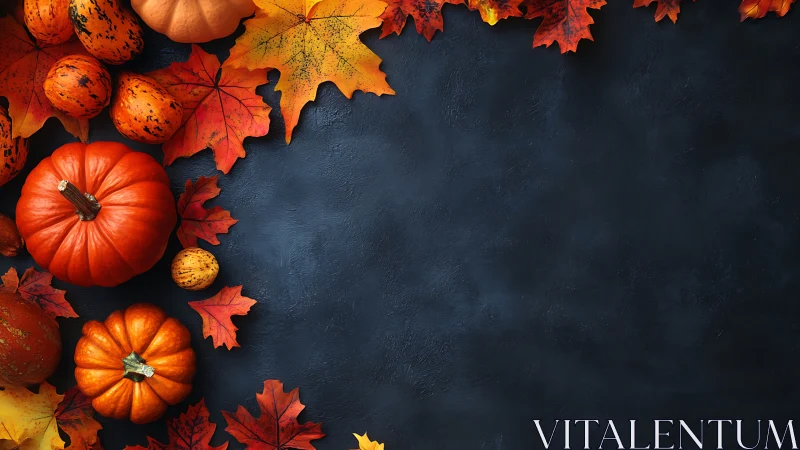 Cozy pumpkins and crisp autumn leaves framing dark slate.