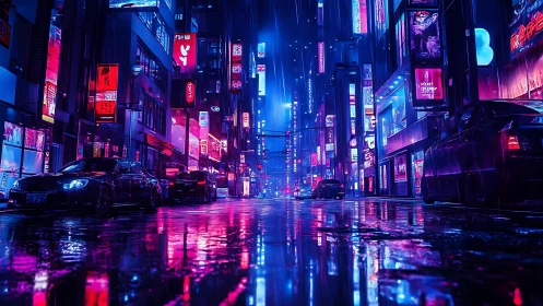 Neon soaked city street glowing in midnight rainlight.