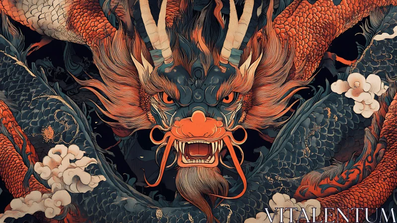 Mythic dragon roars amid swirling clouds and coiled scales.