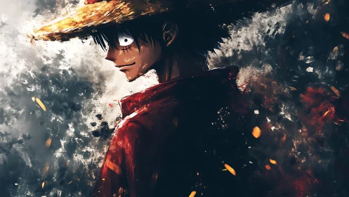Straw hat hero gazing back through swirling painted sparks.