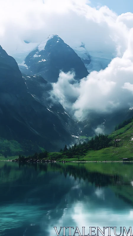Cloud-kissed mountain lake where quiet light lingers long.