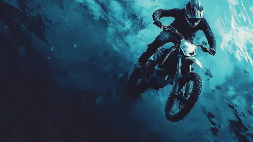 Motorcyclist rides off-road bike through abstract teal mist