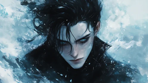 Male figure with dark hair centered in icy abstract field