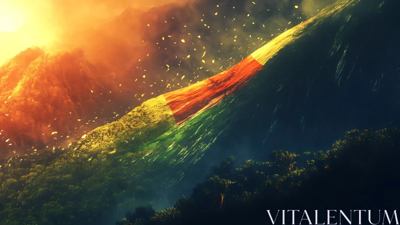 Italian tricolor sweeping across surreal sunlit mountainscape.