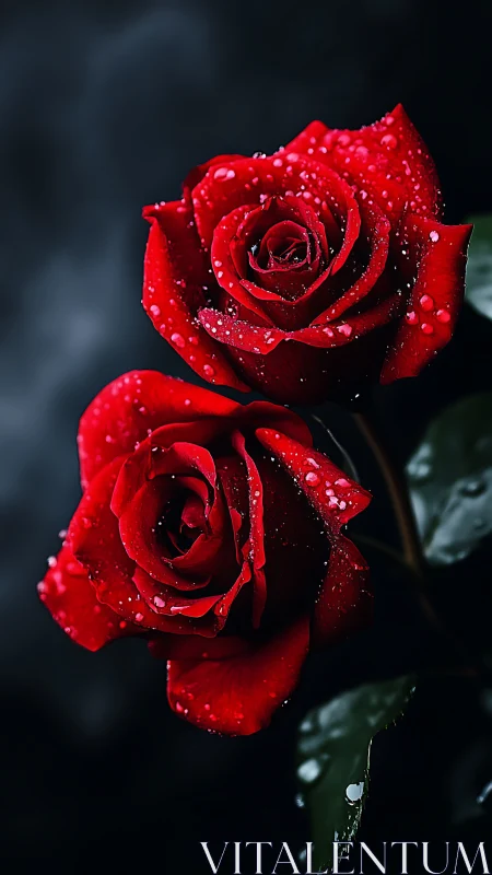 Crimson hybrid garden roses with dewdrop crystallization on dark backdrop