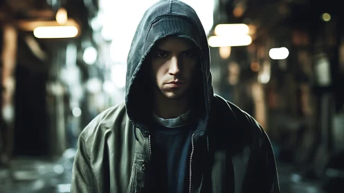 Hooded urban subject in shallow-depth alley illumination study.