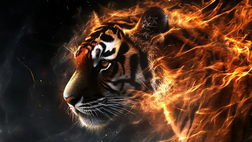 Fiery tiger portrait blazes against a dark, dramatic void