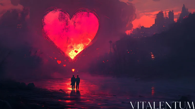 Luminous Cardiac Form Dominating Atmospheric Urban Landscape.