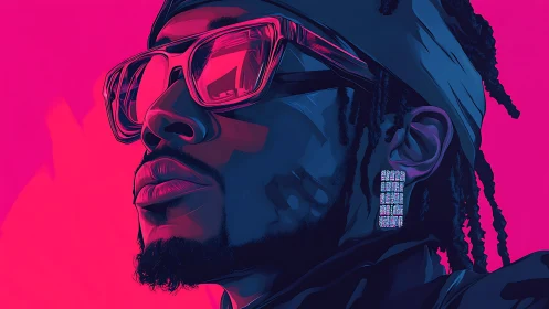 Neon portrait of reflective rapper in bold magenta light.