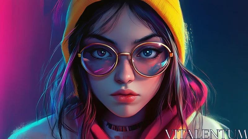 Neon-lit digital portrait of girl with glasses and yellow beanie