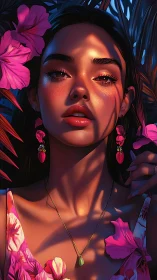 Sunlit tropical portrait with cinematic floral shadows.
