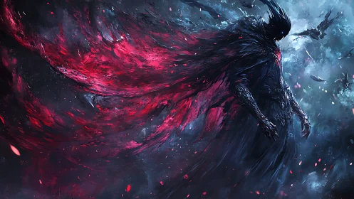 Shadow wraith in storm of crimson ethereal energy